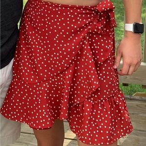 Red and white polka dot wrap skirt